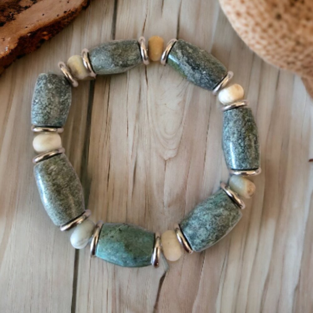 Botanical Green Colored Amazonite Beaded‎ Bracelet with Ivory & Silver Spacers -